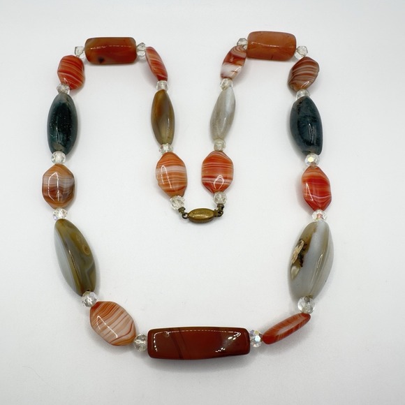 Czech Jewelry - Vintage Czech Necklace Mixed Agates Semi Presious Gemstones 20" Box Clasp Begger